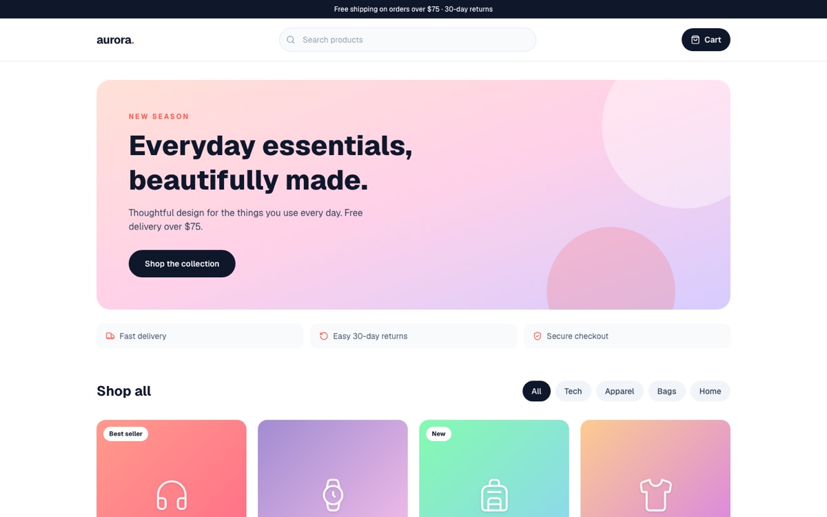 Aurora Retail — Online store with product search, category filters and a working cart drawer.