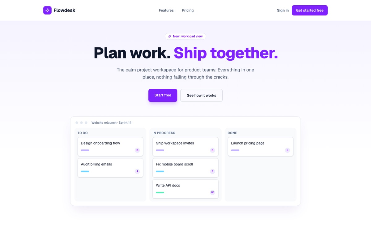 Flowdesk — SaaS product site with an interactive board preview and monthly/yearly pricing toggle.