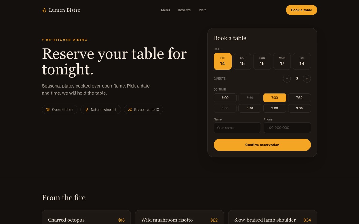 Lumen Booking — Restaurant reservation app with date, party size and live time-slot selection.