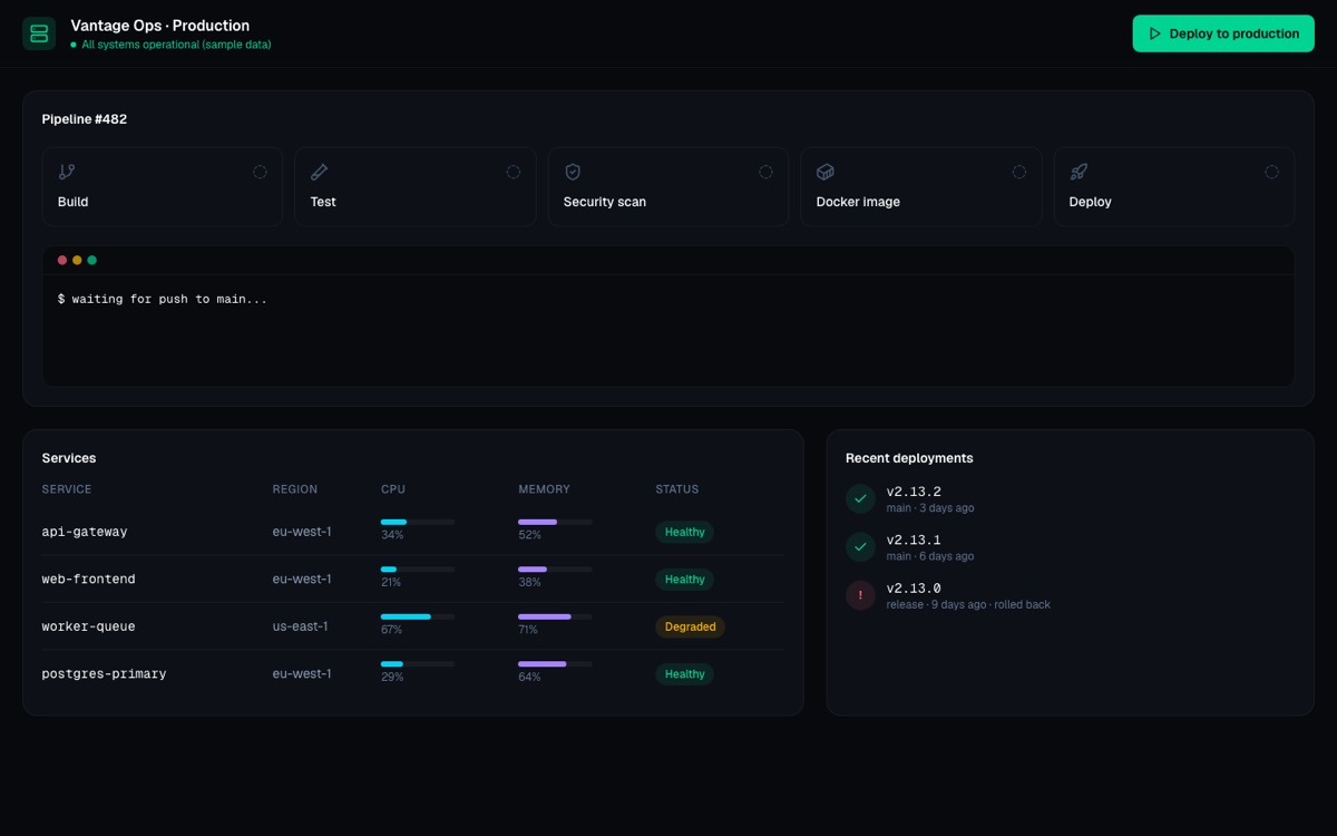 Vantage Ops — DevOps console: run a simulated CI/CD pipeline and watch services, logs and deployments.